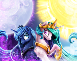 Size: 1500x1179 | Tagged: safe, artist:jadedjynx, princess celestia, princess luna, alicorn, pony, g4, crown, duo, female, jewelry, mare, moon, raised hoof, regalia, royal sisters, sisters, smiling, sun