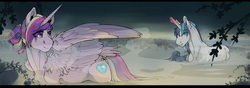 Size: 2500x884 | Tagged: safe, artist:royvdhel-art, princess cadance, shining armor, classical unicorn, g4, alternate hairstyle, fluffy, horn, hot springs, leonine tail, looking back, magic, smiling, spread wings, steam, tail feathers, telekinesis, water