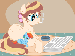 Size: 1111x837 | Tagged: safe, artist:dbkit, rainbow dash, oc, oc:air heart, pegasus, pony, g4, ashtray, blank flank, cigarette, duo, filly, filly rainbow dash, foal, lying down, mother, newspaper, prone, rug, second hand smoke, sleeping, smoking