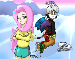 Size: 2068x1616 | Tagged: safe, artist:meganekkoplymouth241, discord, fluttershy, human, g4, keep calm and flutter on, humanized, scene interpretation, skating, winged humanization