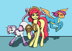 Size: 2480x1754 | Tagged: safe, apple bloom, scootaloo, sweetie belle, g4, adult, alternate hairstyle, cutie mark crusaders, hat, saddle, wonderbolts uniform