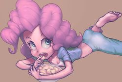 Size: 988x666 | Tagged: dead source, safe, artist:conoghi, pinkie pie, equestria girls, g4, balloonbutt, barefoot, clothes, cute, diapinkes, eating, feet, female, looking up, midriff, open mouth, pajamas, potato chips, prone, solo, toes
