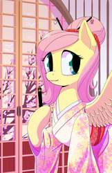 Size: 1242x1920 | Tagged: safe, artist:princrim, fluttershy, pegasus, pony, g4, alternate hairstyle, cherry blossoms, chopsticks in hair, clothes, female, flower, flower blossom, hairpin, japan, kimono (clothing), neighpon, solo