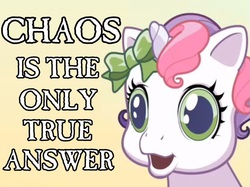 Size: 631x471 | Tagged: safe, edit, edited screencap, screencap, sweetie belle (g3), pony, unicorn, g3, g3.5, newborn cuties, bow, bust, caption, chaos, dissonant caption, female, filly, foal, g3 hate, g3.75, heresy, image macro, meme, open mouth, portrait, reaction image, simple background, solo, text, warhammer (game), warhammer 40k, yellow background