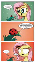 Size: 1000x1772 | Tagged: safe, artist:daniel-sg, fluttershy, ladybug, pegasus, pony, g4, comic, dialogue, eyeroll, floppy ears, grass, looking up, open mouth, smiling, too much information
