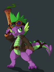 Size: 749x1000 | Tagged: safe, artist:dfectivedvice, artist:transgressors-reworks, color edit, edit, spike, dragon, g4, badass, clothes, colored, goggles, gun, jacket, male, solo