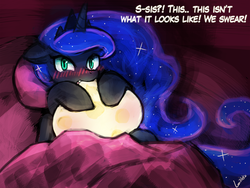 Size: 960x720 | Tagged: safe, artist:lumineko, princess luna, alicorn, pony, g4, 30 minute art challenge, bed, blushing, caught, cute, dialogue, female, floppy ears, looking at you, mare, moon, nom, not what it looks like, shipping, solo, tangible heavenly object, wide eyes