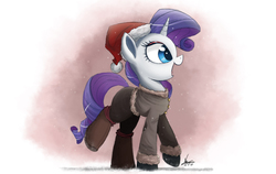 Size: 2000x1267 | Tagged: safe, artist:ncmares, rarity, pony, unicorn, g4, boots, clothes, coat, female, hat, mare, open mouth, pants, santa hat, snow, snowfall, solo, winter
