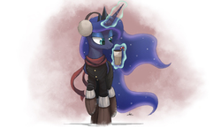 Size: 2000x1163 | Tagged: safe, artist:ncmares, princess luna, alicorn, pony, bedroom eyes, boots, candy cane, clothes, coat, cup, earmuffs, eyeshadow, female, hot chocolate, jacket, levitation, magic, makeup, mare, raised hoof, scarf, smiling, snow, snowfall, solo, telekinesis, winter