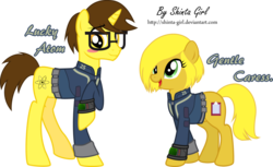 Size: 1024x625 | Tagged: safe, artist:shinta-girl, oc, oc only, oc:gentle caress, oc:lucky atom, fallout equestria, commission, couple