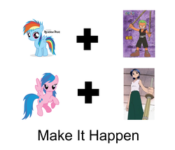 Size: 1547x1325 | Tagged: safe, firefly, rainbow dash, g1, g4, exploitable meme, filly, filly rainbow dash, g1 to g4, generation leap, kuina, make it happen, meme, meta, one piece, roronoa zoro, young