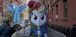 Size: 1824x901 | Tagged: safe, artist:3d thread, artist:creatorofpony, rainbow dash, human, pegasus, pony, equestria girls, g4, /mlp/, 3d, 3d model, alejandro gonzález iñárritu, birdman, blender, clothes, crossover, equestria girls in real life, female, human ponidox, irl, mare, photo, ponies in real life, solo