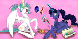 Size: 5001x2508 | Tagged: safe, artist:houghtaling6, princess celestia, princess luna, g4, alternate hairstyle, easter, egg, painting, ponytail