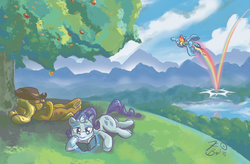 Size: 1600x1051 | Tagged: safe, artist:flavinbagel, applejack, rainbow dash, rarity, g4, book, flying, magic, reading, telekinesis, tree, underhoof