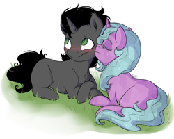 Size: 1000x800 | Tagged: safe, artist:evehly, king sombra, radiant hope, crystal pony, pony, umbrum, unicorn, g4, idw, spoiler:comic, spoiler:comicfiendshipismagic1, blushing, cheek kiss, colt, colt sombra, female, filly, kissing, male, ship:hopebra, shipping, straight, that was fast