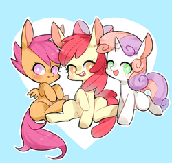 Size: 2100x2000 | Tagged: safe, artist:puzi, apple bloom, scootaloo, sweetie belle, earth pony, pegasus, pony, unicorn, g4, cutie mark crusaders, female, filly, foal, high res, pixiv