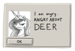 Size: 800x544 | Tagged: safe, artist:king-kakapo, princess celestia, alicorn, deer, pony, g4, /tg/, angry, angry about elves, derp, dialogue box, female, frown, glare, monochrome, parody, parody of a parody, sim city, solo