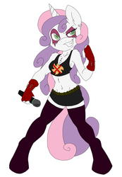 Size: 3312x4784 | Tagged: safe, artist:ambris, artist:flawlessvictory20, sweetie belle, anthro, unguligrade anthro, g4, belly button, bullet belt, cleavage, clothes, colored, female, high res, metal, metal belle, midriff, skirt, solo, sports bra, zettai ryouiki
