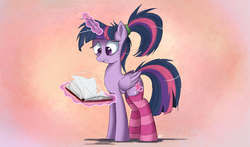 Size: 2500x1469 | Tagged: safe, artist:ncmares, twilight sparkle, alicorn, pony, ask majesty incarnate, g4, alternate hairstyle, book, clothes, female, frown, gritted teeth, high ponytail, magic, mare, messy mane, nervous, ponytail, reading, socks, solo, striped socks, sweat, telekinesis, twilight sparkle (alicorn)