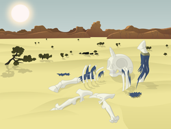 Size: 6000x4500 | Tagged: safe, artist:magister39, oc, oc only, oc:littlepip, pony, unicorn, fallout equestria, absurd resolution, background, bad end, bone, clothes, crossover, dead, desert, fallout, fanfic, fanfic art, female, game over, hooves, horn, jumpsuit, mare, sad, scenery, skeleton, skull, solo, teeth, vault suit