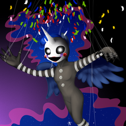Size: 787x787 | Tagged: safe, artist:supermare, princess luna, anthro, g4, confetti, cosplay, female, five nights at freddy's, marionette, puppet, solo, strings, the puppet