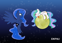 Size: 1000x705 | Tagged: safe, artist:empyu, princess celestia, princess luna, alicorn, pony, g4, 30 minute art challenge, cewestia, cute, duo, filly, moon, raspberry, tangible heavenly object, tongue out, woona