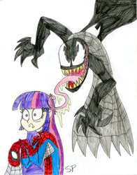 Size: 2550x3260 | Tagged: safe, artist:4eco, sunset shimmer, twilight sparkle, human, g4, crossover, high res, humanized, male, spider-man, symbiote, traditional art, venom
