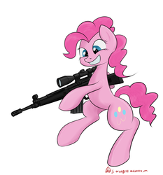 Size: 2252x2416 | Tagged: safe, artist:orang111, pinkie pie, earth pony, pony, g4, 360 noscope, bipedal, cutie mark, female, g3sg1, grin, gun, h&k g3, high res, hooves, mare, optical sight, rifle, scope, simple background, smiling, sniper rifle, solo, teeth, weapon, white background