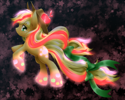 Size: 700x560 | Tagged: safe, artist:hashioaryut, applejack, earth pony, pony, g4, cute, female, glowing, jackabetes, mare, pixiv, rainbow power, solo