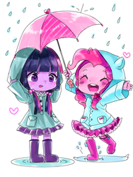 Size: 768x1024 | Tagged: safe, artist:weiliy, pinkie pie, twilight sparkle, equestria girls, g4, alternate hairstyle, boots, cute, duo, pigtails, puddle, rain, rain boots, raincoat, twintails