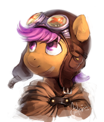 Size: 1370x1598 | Tagged: safe, artist:audrarius, scootaloo, pegasus, pony, g4, aviator goggles, bandaid, female, filly, foal, goggles, looking up, pilot, portrait, simple background, solo, white background