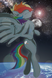 Size: 1934x2900 | Tagged: safe, artist:ruby, rainbow dash, pegasus, pony, g4, backwards cutie mark, eyes closed, female, moon, solo, space, stars