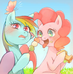 Size: 511x520 | Tagged: safe, artist:chi-hayu, pinkie pie, rainbow dash, butterfly, earth pony, pegasus, pony, g4, blushing, dango, dumplings, eating, female, food, grass, insect on ear, mare, open mouth, sandwich, sky, tongue out