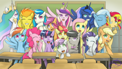 Size: 853x480 | Tagged: dead source, safe, artist:poisonicpen, apple bloom, applejack, dj pon-3, fluttershy, octavia melody, pinkie pie, princess cadance, princess celestia, princess luna, rainbow dash, rarity, scootaloo, spitfire, sunset shimmer, sweetie belle, trixie, twilight sparkle, vinyl scratch, alicorn, pony, g4, alicorn tetrarchy, alternate mane seven, class, class photo, classroom, crossover, cutie mark crusaders, danganronpa, female, group, mane six, mare, parody, this will end in tears and/or death, twilight sparkle (alicorn)