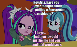 Size: 871x534 | Tagged: safe, aria blaze, sonata dusk, equestria girls, g4, my little pony equestria girls: rainbow rocks, blue text, eddsworld, image macro, meme, pink text, starscream