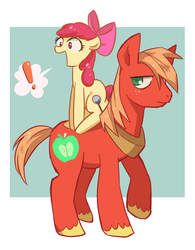 Size: 635x816 | Tagged: safe, artist:akomaru, apple bloom, big macintosh, earth pony, pony, g4, abstract background, brother and sister, colored pupils, exclamation point, female, male, pictogram, pixiv, siblings, speech bubble, stallion