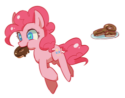 Size: 477x376 | Tagged: dead source, safe, artist:akomaru, pinkie pie, earth pony, pony, g4, colored pupils, cute, diapinkes, donut, female, mouth hold, pixiv, simple background, solo, white background