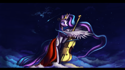 Size: 1280x717 | Tagged: dead source, safe, artist:auroriia, princess celestia, pony, g4, bipedal, cello, cloud, cloudy, female, musical instrument, playing, solo