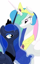 Size: 800x1280 | Tagged: safe, artist:theroyalprincesses, princess celestia, princess luna, g4, looking at each other, looking at someone, looking into each others eyes, royal sisters, siblings, side view, simple background, sisters, smiling, white background