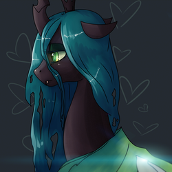 Size: 1000x1000 | Tagged: dead source, safe, artist:zilvtree-zauani, queen chrysalis, g4, female, heart, sad face, solo