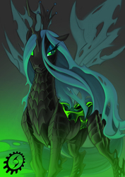 Size: 2480x3508 | Tagged: safe, artist:blackrunewarlock, queen chrysalis, changeling, changeling queen, g4, crown, female, high res, jewelry, looking at you, mare, regalia, solo, spread wings, wings