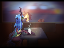 Size: 800x600 | Tagged: dead source, safe, artist:zilvtree-zauani, queen chrysalis, g4, cafe, coffee, mug, sitting, smiling, waiting