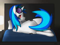 Size: 1600x1200 | Tagged: safe, artist:starry5643, dj pon-3, vinyl scratch, pony, unicorn, g4, bed, bedroom, bedroom eyes, both cutie marks, butt, glasses, looking back, male, plot, record scrape, rule 63, smiling, solo, sunglasses, vinyl ass