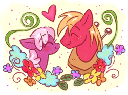 Size: 390x292 | Tagged: safe, artist:nmnkgskds, big macintosh, cheerilee, earth pony, pony, g4, flower, heart, male, pixiv, ship:cheerimac, shipping, stallion, straight