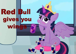 Size: 720x510 | Tagged: safe, artist:skunk412, edit, editor:ispammail, twilight sparkle, alicorn, pony, g4, advertisement, alicorn comedy, energy drink, female, mare, red bull, red bull gives you wings, solo, television, twilight sparkle (alicorn)