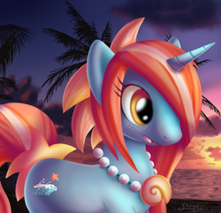 Size: 1280x1234 | Tagged: safe, artist:starimo, oc, oc only, oc:coral phin, beach, ocean, palm tree, solo, sunset, tree