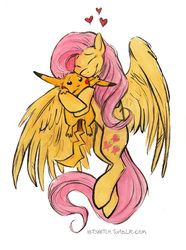 Size: 561x753 | Tagged: safe, artist:kenket, fluttershy, pegasus, pikachu, pony, g4, crossover, flying, heart, help me, hug, large wings, pokémon, this will end in electrocution, traditional art