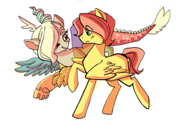 Size: 2662x1919 | Tagged: safe, artist:inverseskies, discord, fluttershy, g4, butterscotch, eris, eye contact, female, frown, male, open mouth, raised hoof, raised leg, rule 63, ship:discoshy, ship:eriscotch, shipping, smiling, straight