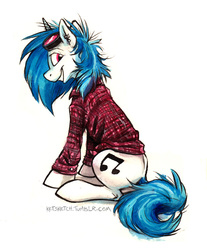 Size: 613x739 | Tagged: safe, artist:kenket, dj pon-3, vinyl scratch, g4, canterlot high, clothes, cutie mark, ear piercing, female, grin, looking back, piercing, shirt, simple background, sitting, smiling, solo, white background
