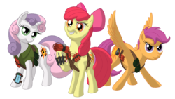 Size: 1920x1080 | Tagged: safe, artist:nebulastar985, apple bloom, scootaloo, sweetie belle, earth pony, pegasus, pony, unicorn, g4, alternate cutie mark, bow, cutie mark crusaders, dynamite, explosives, female, filly, grenade, grin, hair bow, hoof hold, smiling, this will end in explosions, this will end in tears